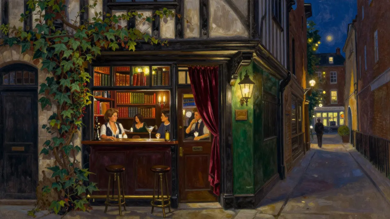 A hidden bar beneath Liberty London, lit by candles and books, with patrons enjoying cocktails in a moody, intimate alley.