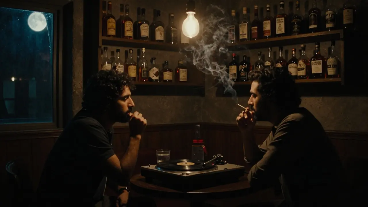 A hidden speakeasy with dim lighting, vinyl records, and two people in quiet conversation over drinks.