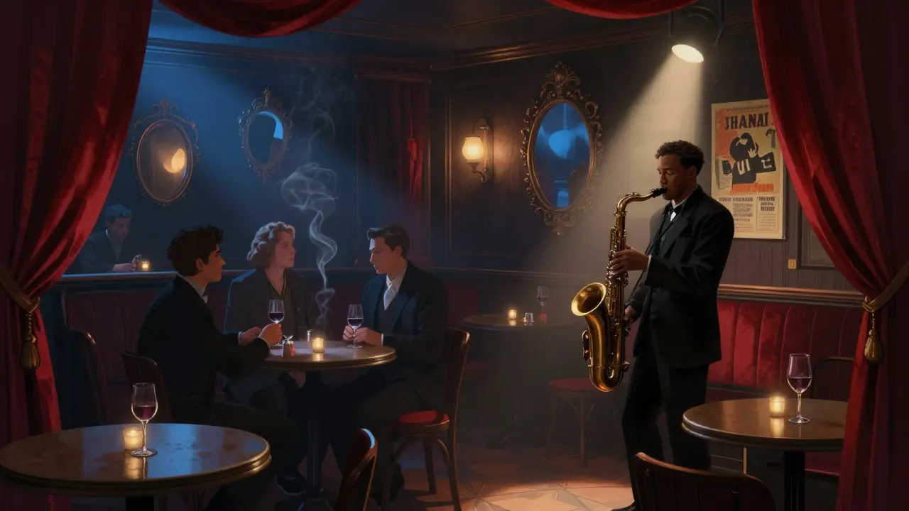 A jazz cellar with a saxophonist playing under a spotlight, patrons standing quietly in the dim glow.