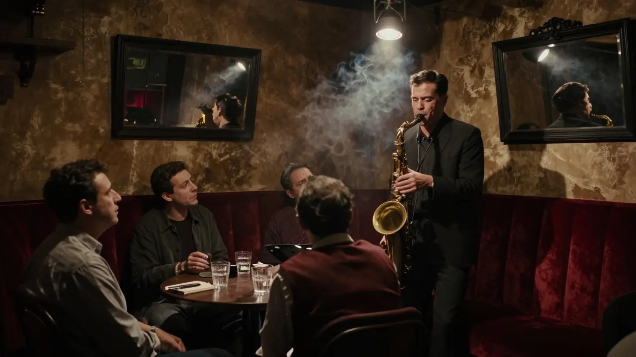 A jazz club interior with a saxophonist in spotlight, patrons silent, smoky air and velvet booths in dim, cinematic lighting.