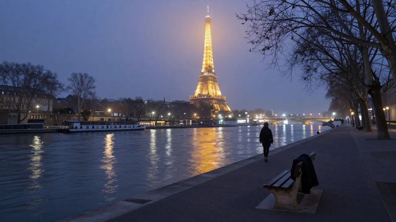 A lone figure walks along the Seine at midnight, the Eiffel Tower sparkling in the distance.