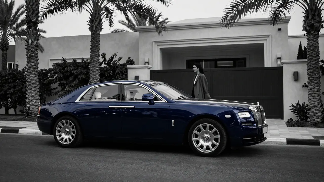 A luxury car parked discreetly at a private residence in Dubai, with a woman entering the property unseen.