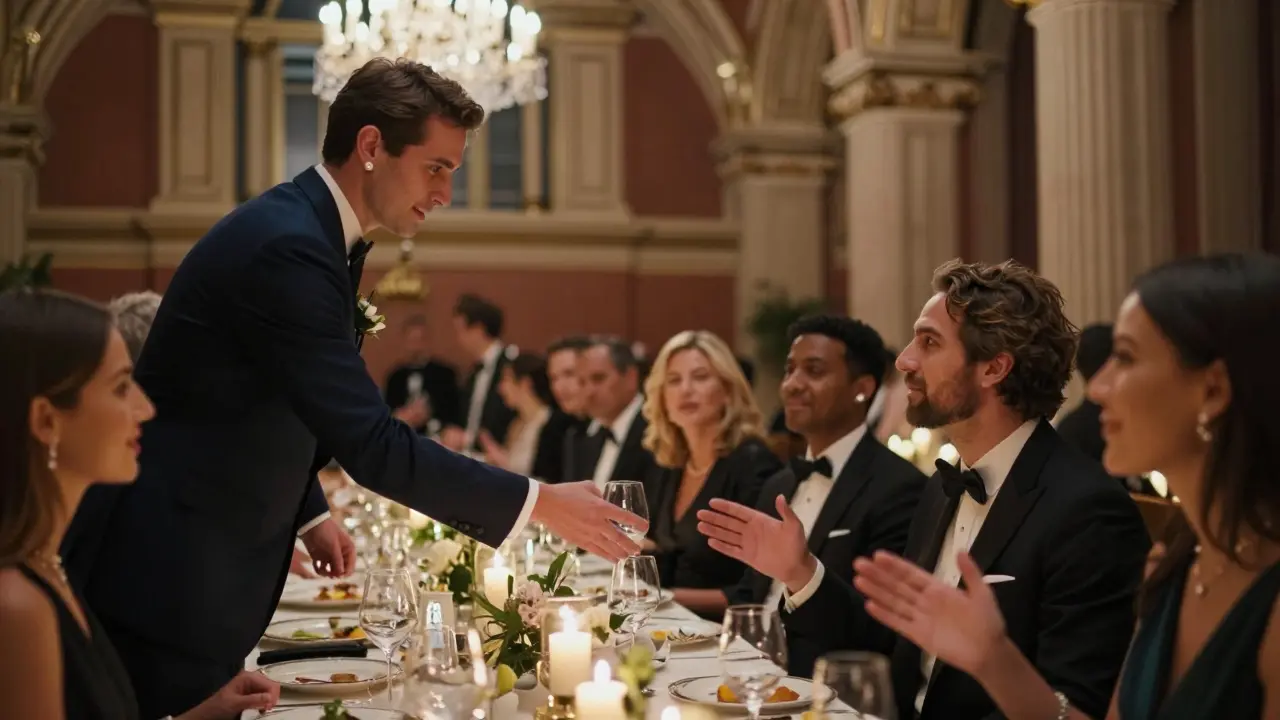A luxury escort introducing a client to international guests at a candlelit gala.