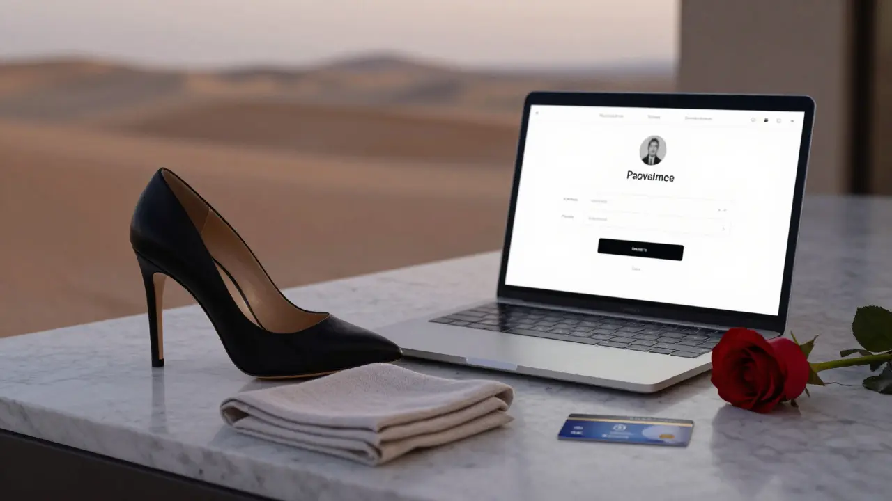 A luxury keycard, rose, and napkin rest on marble beside a payment screen, symbolizing discreet and respectful companionship.