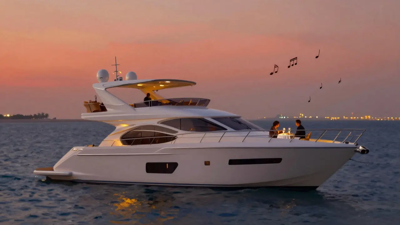 A luxury yacht at sunset with two figures quietly enjoying champagne, surrounded by ocean and city lights.