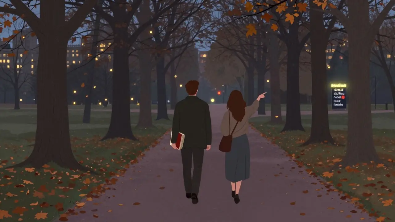 A man and woman walking together in Tiergarten park at dusk, autumn leaves falling around them.