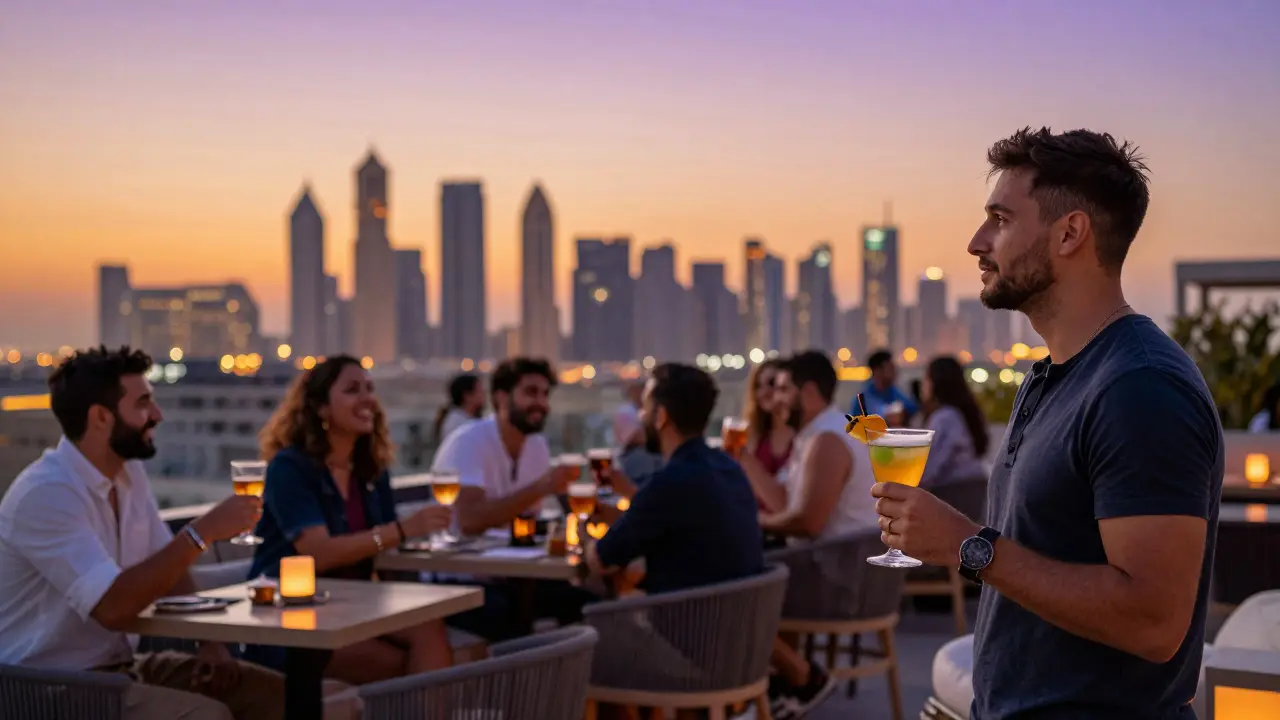 A man observing a lively Dubai rooftop lounge at sunset, surrounded by happy crowds.
