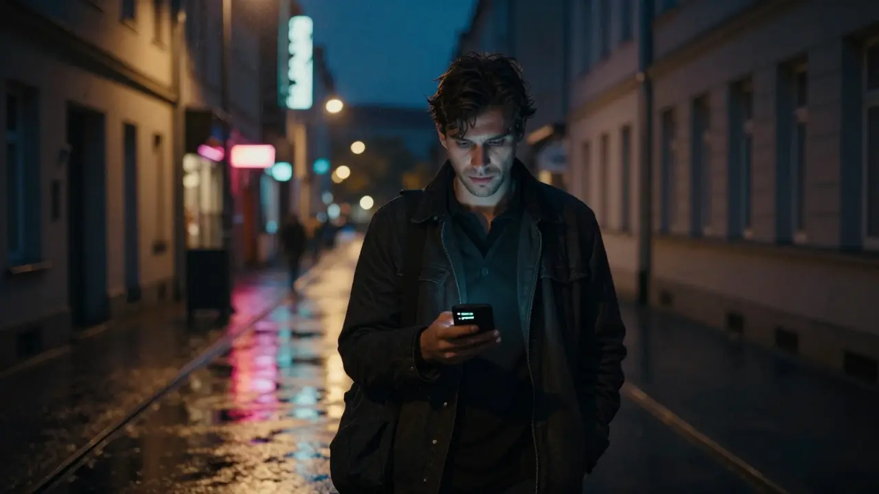A man walking at night in Berlin, holding a phone with a booking confirmation, under dim streetlights and rain.