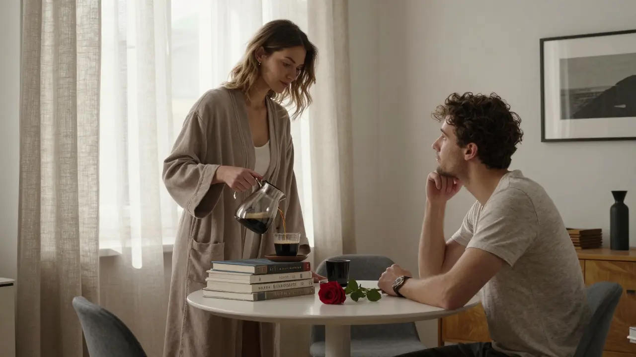 A morning scene in a Berlin apartment: coffee poured, art books open, gentle light, no intimacy beyond respect.