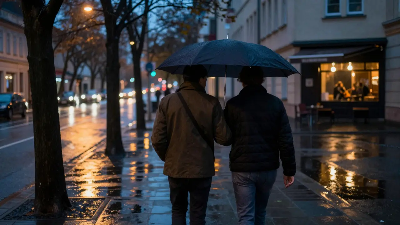 A pair walks together under an umbrella on a rainy Berlin street, exuding quiet companionship.