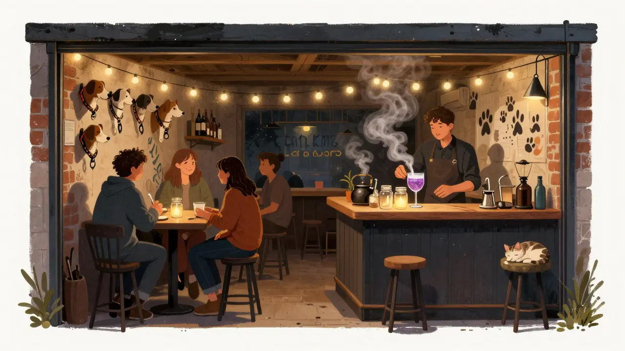 A pet store transformed into a secret bar at night with dog collars and candlelit patrons.