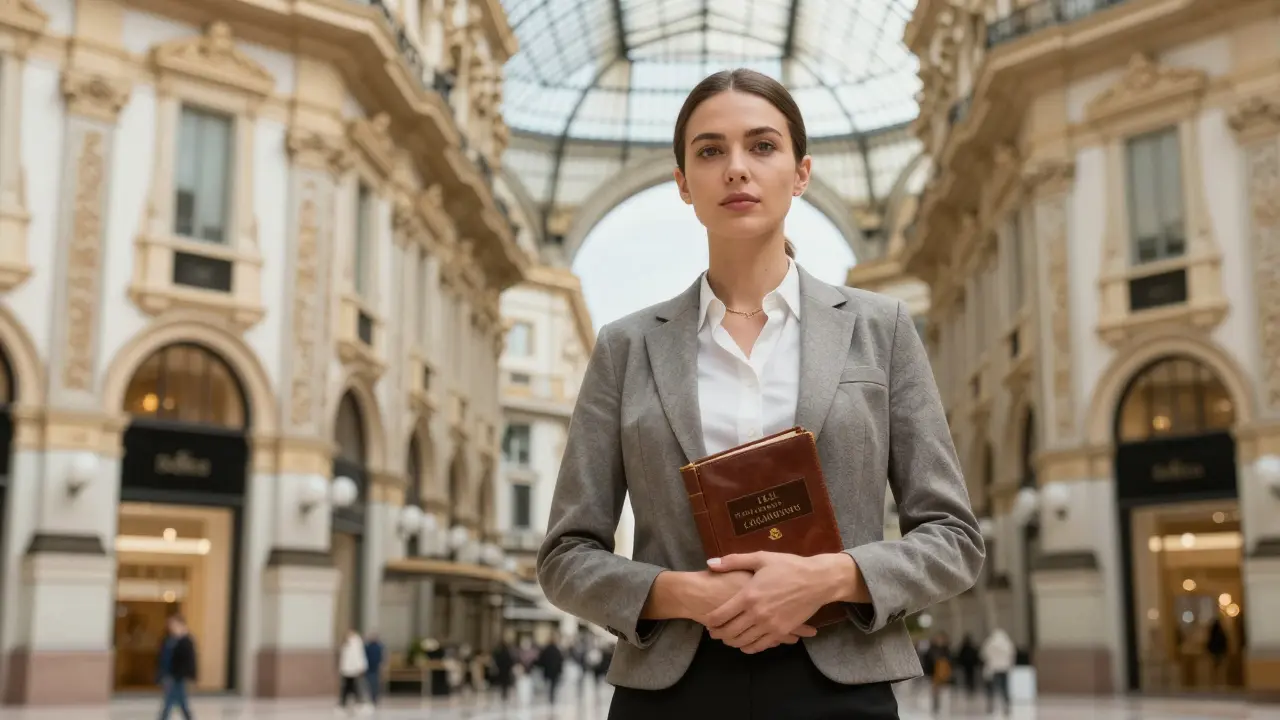 A poised woman holding an art book outside Milan's Galleria Vittorio Emanuele II.