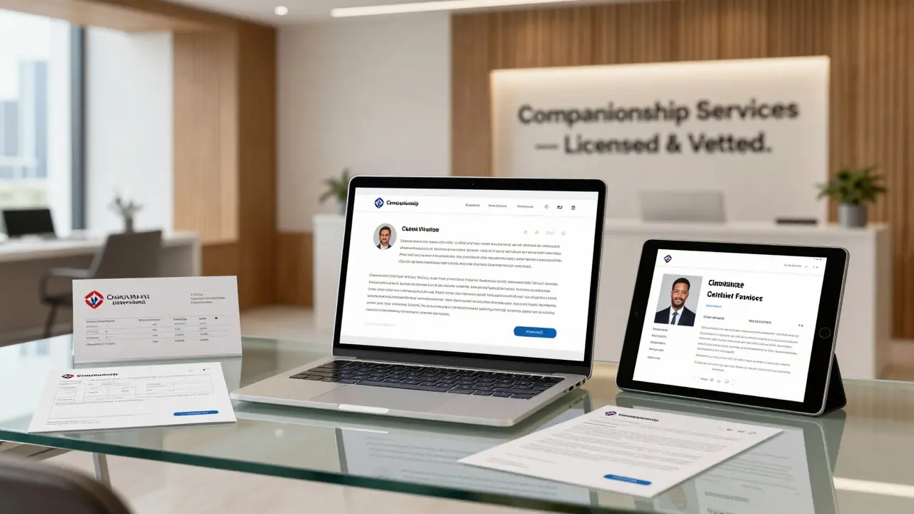 A professional agency office in Dubai with verified client profiles, invoices, and a licensed service sign on a modern desk.