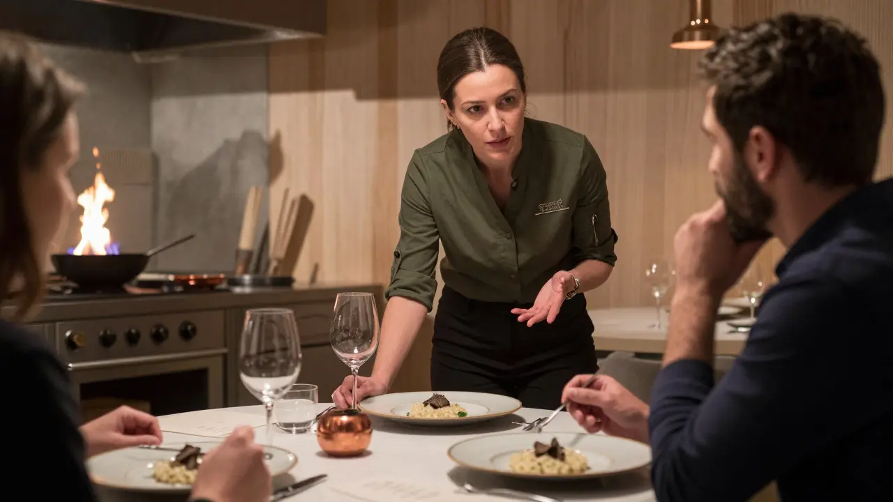A professional companion explaining a gourmet dish at a hidden Milan restaurant with warm ambient light.