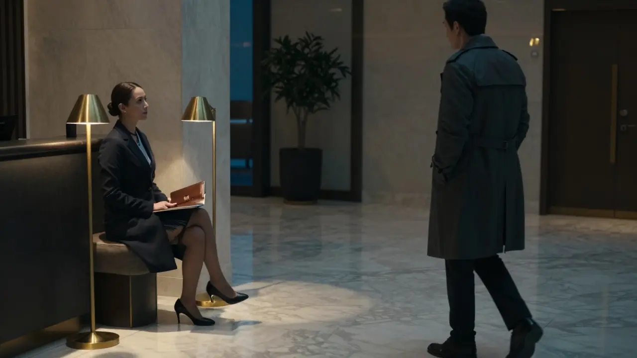 A professional escort and client meet respectfully in a luxury hotel lobby at dusk.