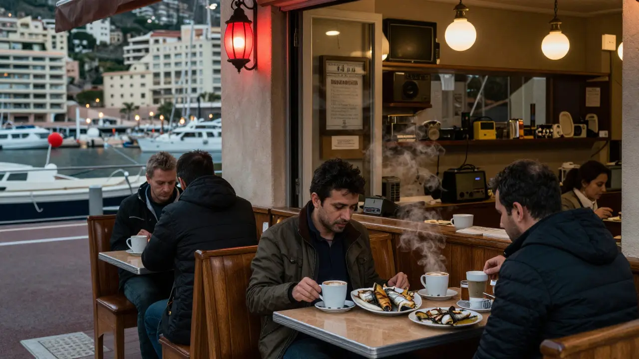 A quiet 24-hour diner in Monaco&#039;s port with locals eating grilled sardines and drinking coffee under soft lamplight.