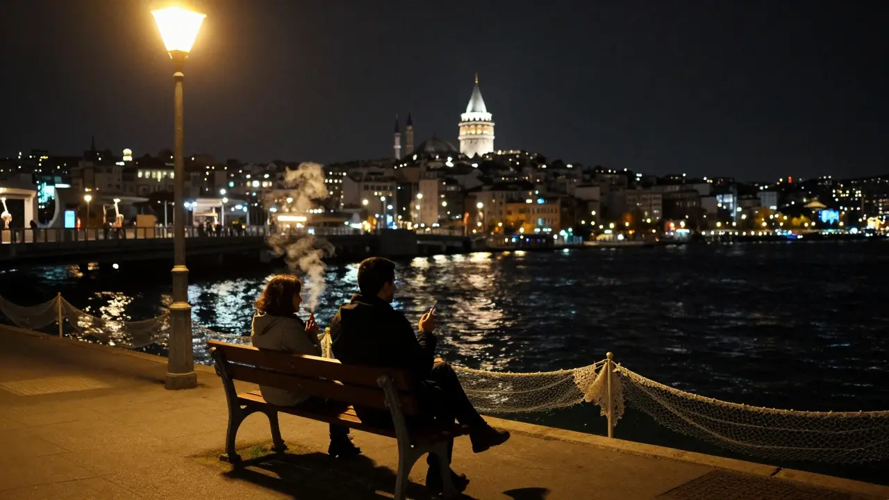 A quiet bench by the Galata Bridge at dawn, two figures sharing a cigarette as the city sleeps.