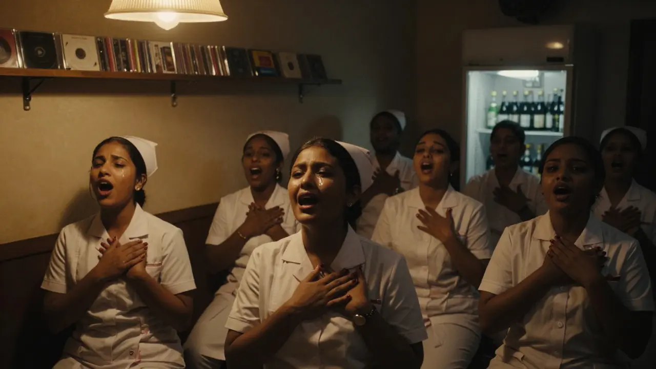 A quiet group singing emotionally in a dimly lit, hidden karaoke sanctuary in Jumeirah.