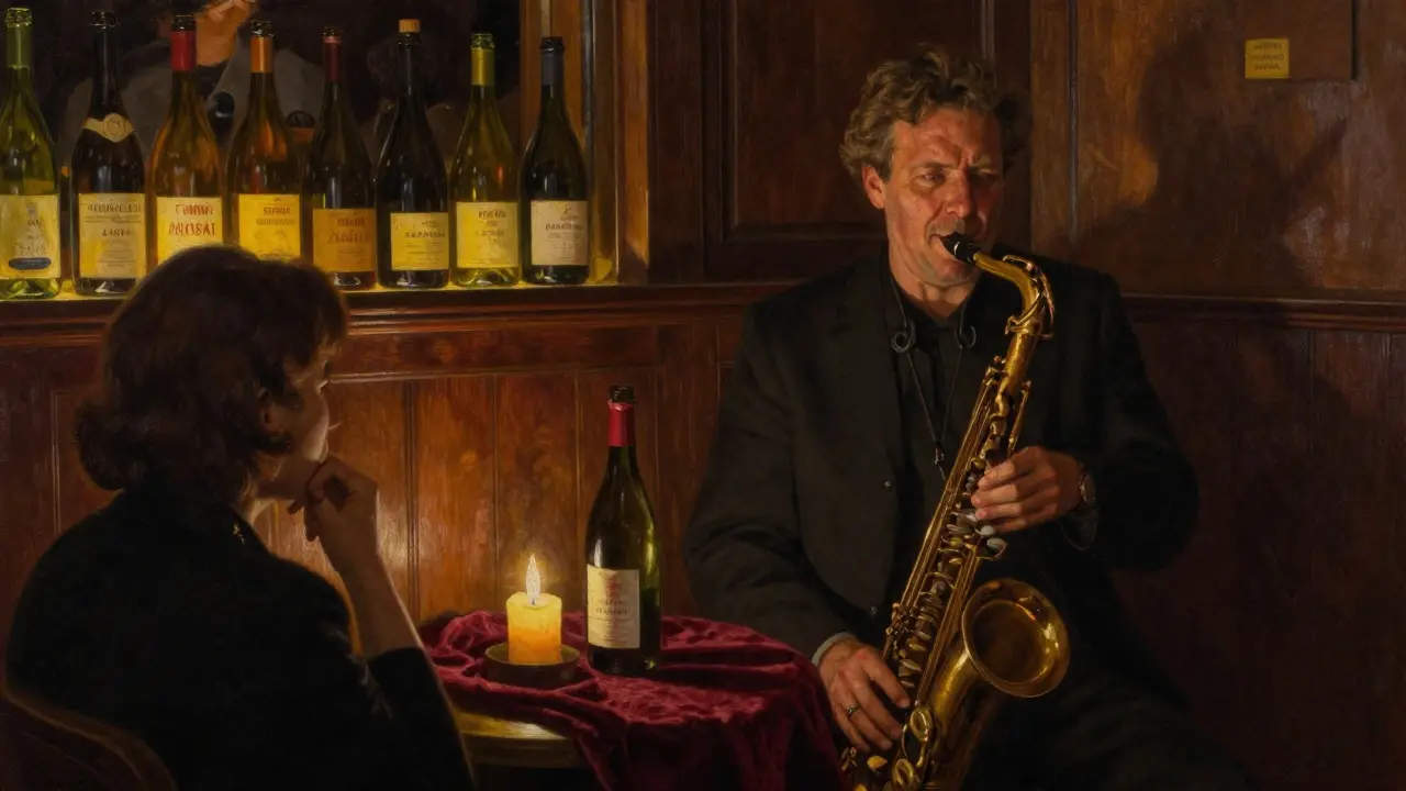 A quiet jazz lounge with candlelight, vintage wine bottles, and a man in a suit listening to live music.