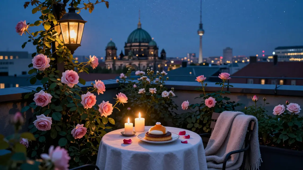 A romantic rooftop garden dinner under the stars with lanterns, roses, and a view of Berlin&#039;s skyline.