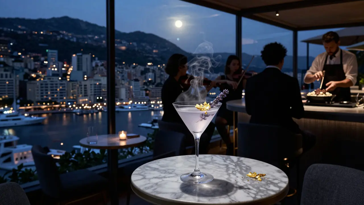 A rooftop bar overlooking Monaco’s harbor at dawn, with a golden martini and a violinist playing softly.