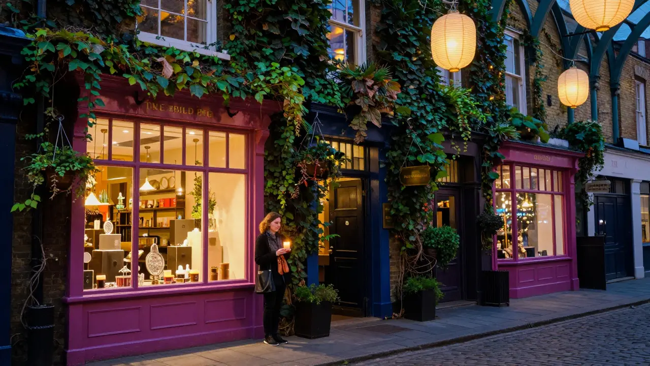 A shopper in Covent Garden holds artisanal goods outside colorful buildings, with a hidden speakeasy entrance and floating lanterns.
