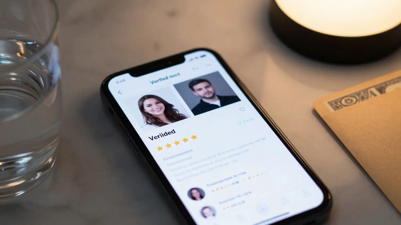 A smartphone showing a verified escort profile with real photos and ratings on a marble surface.