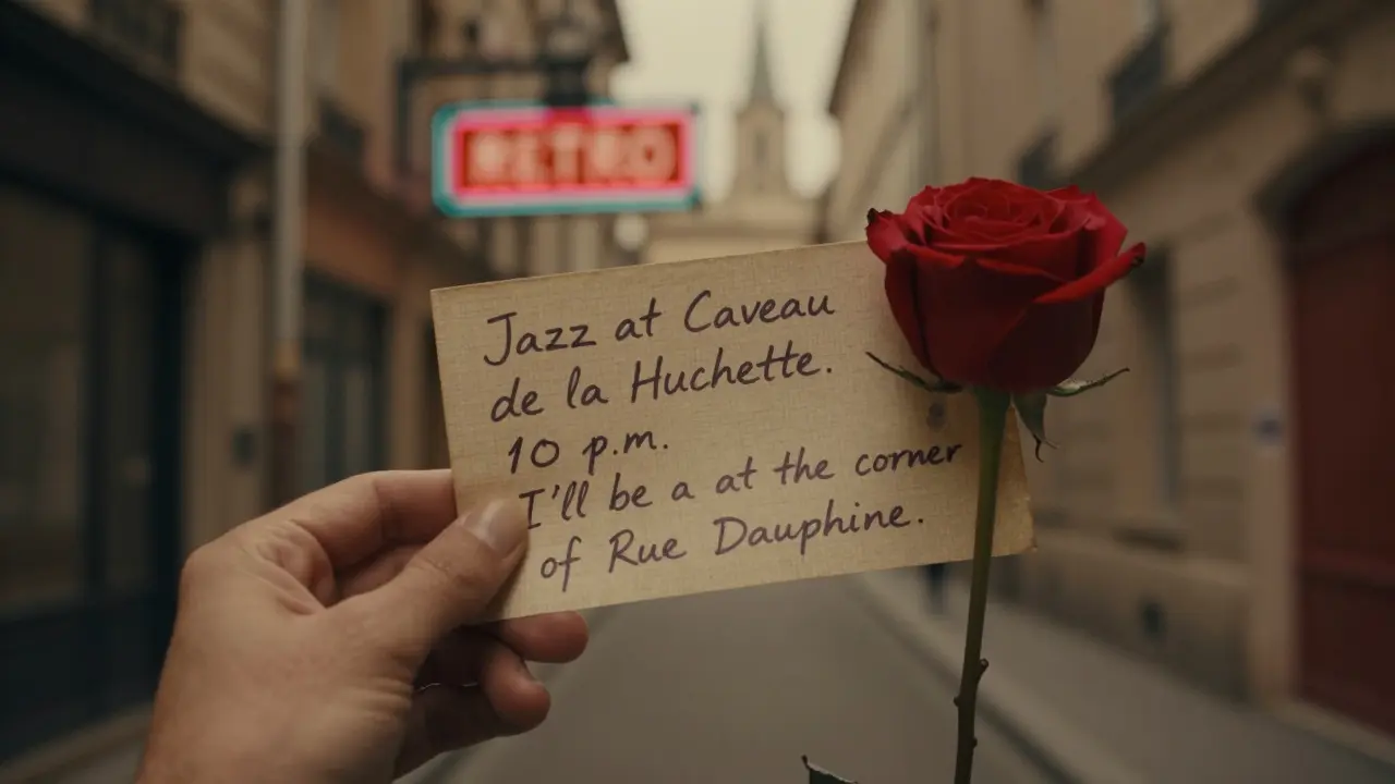 A vintage metro ticket and handwritten note with a rose, symbolizing a discreet Parisian rendezvous.