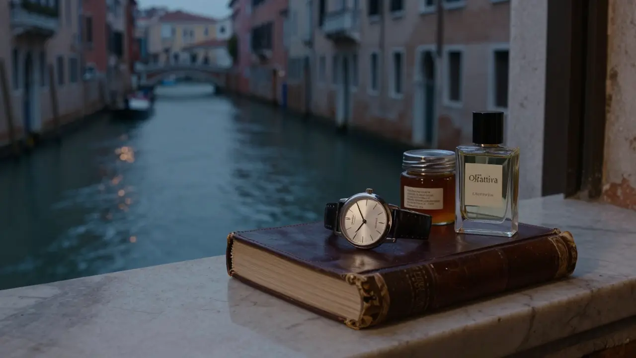 A vintage watch, custom perfume, and truffle honey sit on a windowsill overlooking Milan's Navigli canals at dusk.