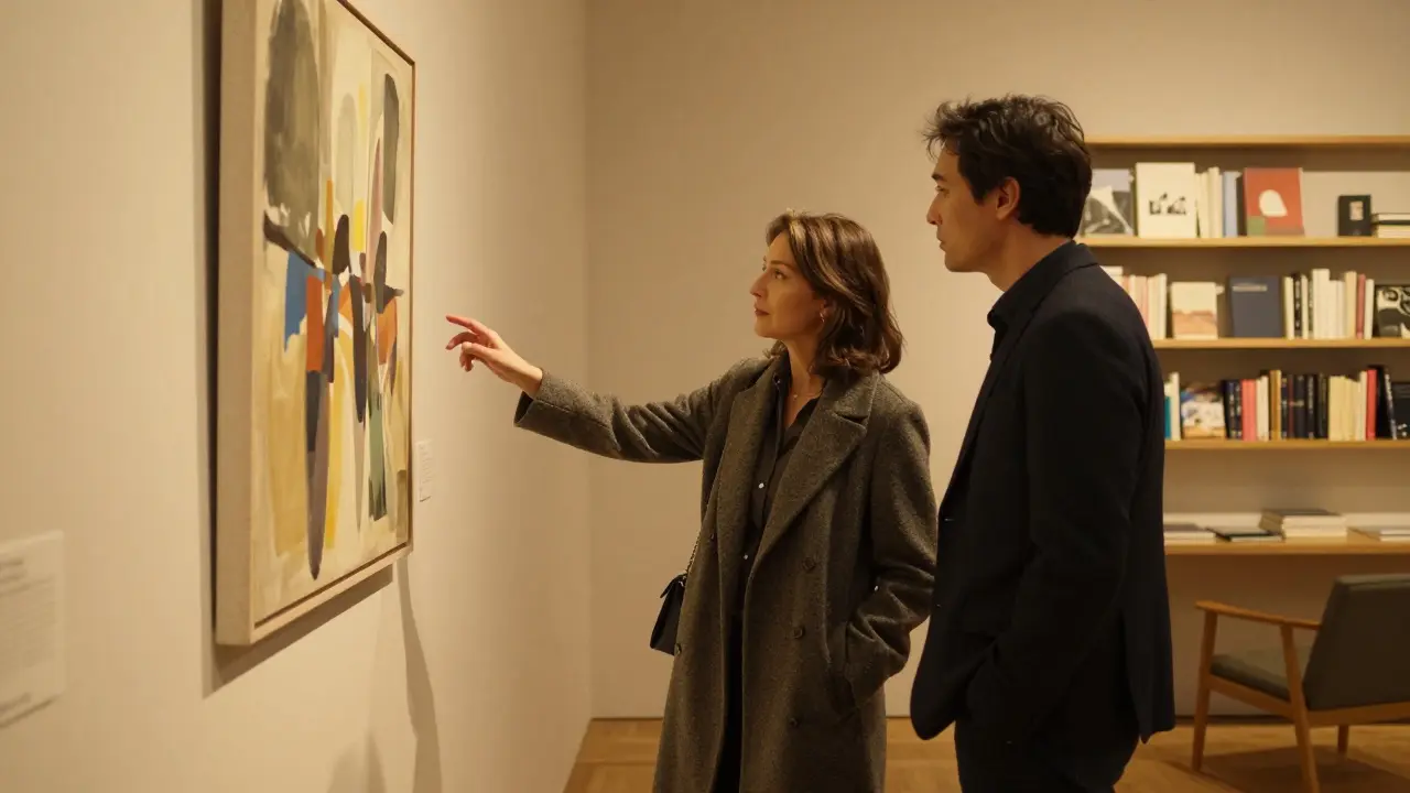 A woman guides a client through a private art gallery, both absorbed in contemplation of a painting.