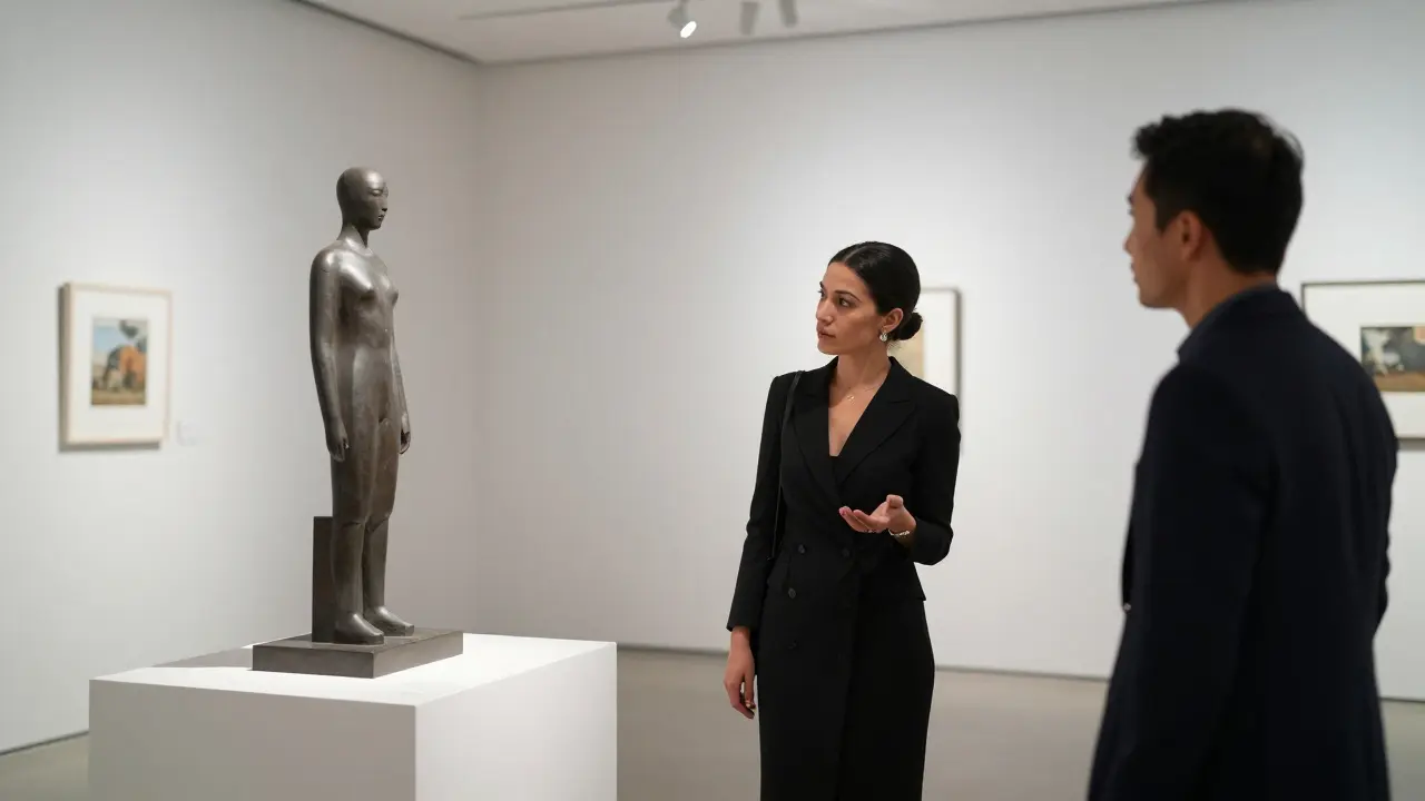 A woman guiding a man through an exclusive art gallery in Dubai, surrounded by minimalist modern art.