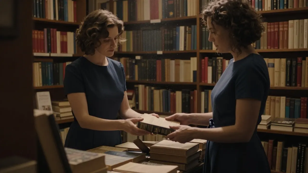 A woman hands a book to a client in a quiet Montparnasse bookshop at closing time.