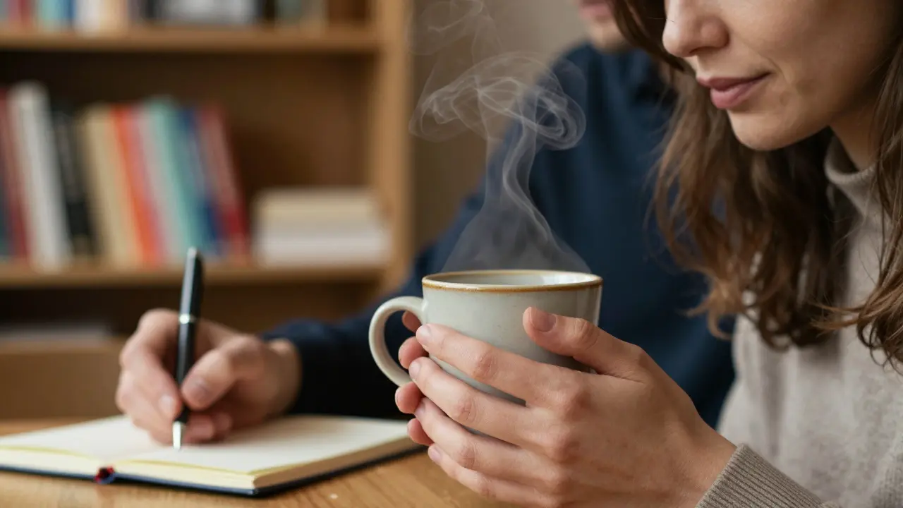 A woman holds a mug in a cozy café, her thoughtful expression capturing a moment of quiet understanding.