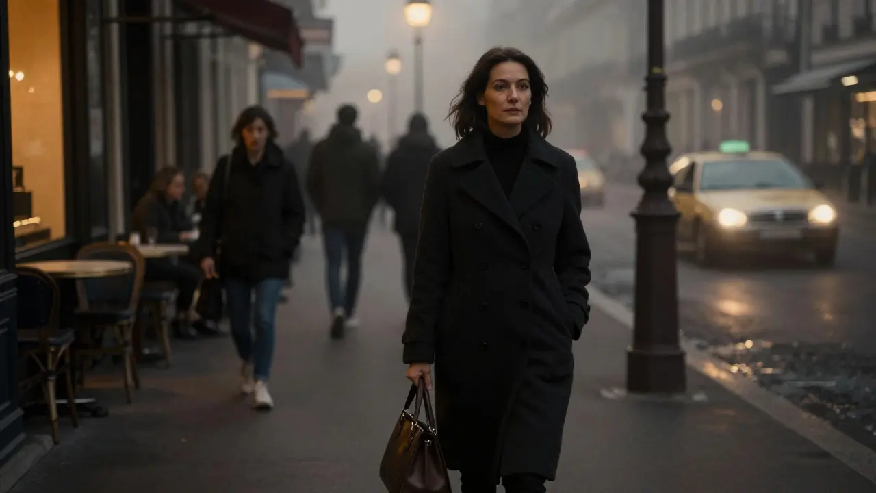 A woman walking alone at night in Saint-Germain-des-Prés, exuding quiet independence.