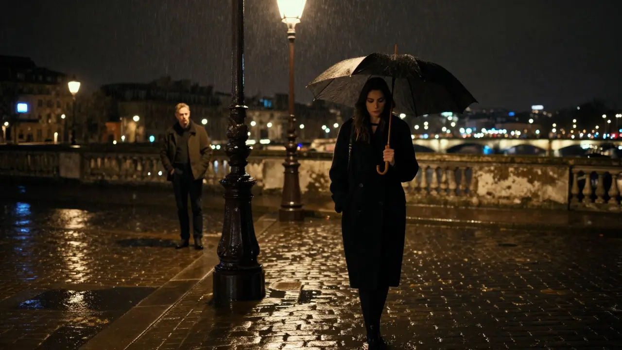 A woman walking alone under a Paris streetlamp at night, rain reflecting on cobblestones.