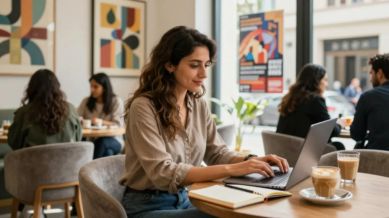 A woman working at a café in Dubai’s art district, surrounded by cultural ambiance.