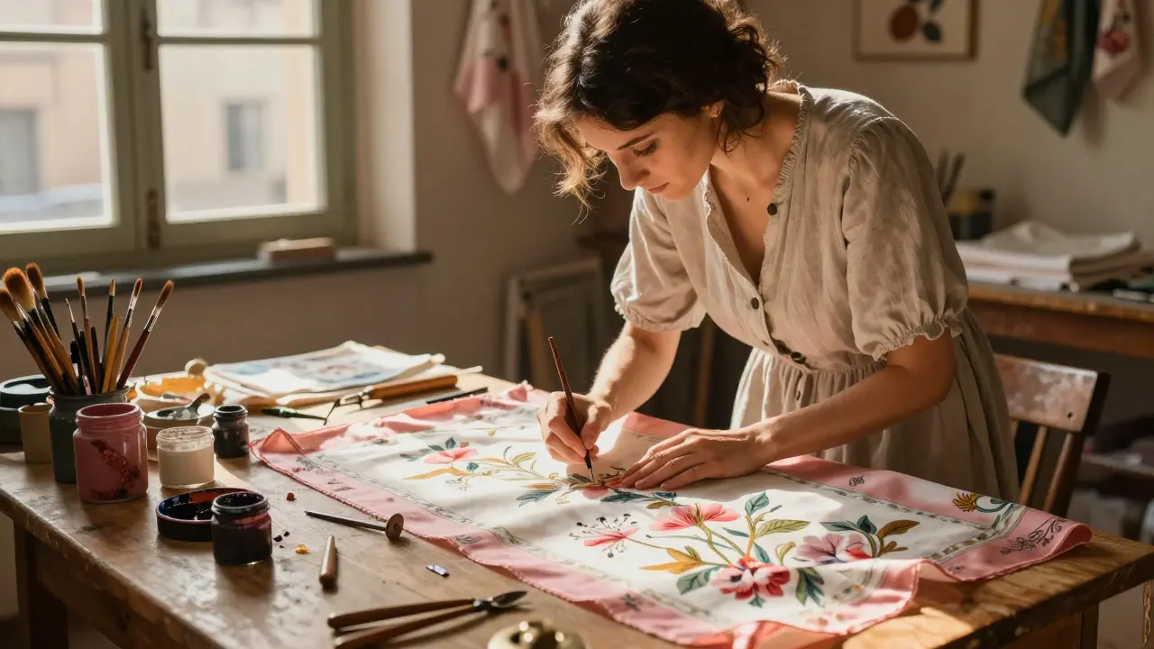 An artisan hand-paints a silk scarf with floral motifs in a Brera atelier, sunlight filtering through windows onto wooden tables.
