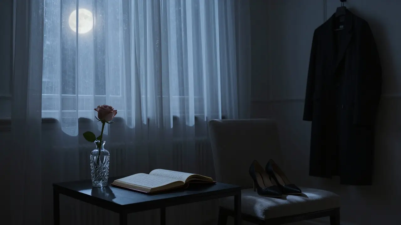 An empty elegant apartment at night with a rose, journal, and heels left on a chair, moonlight streaming through curtains.