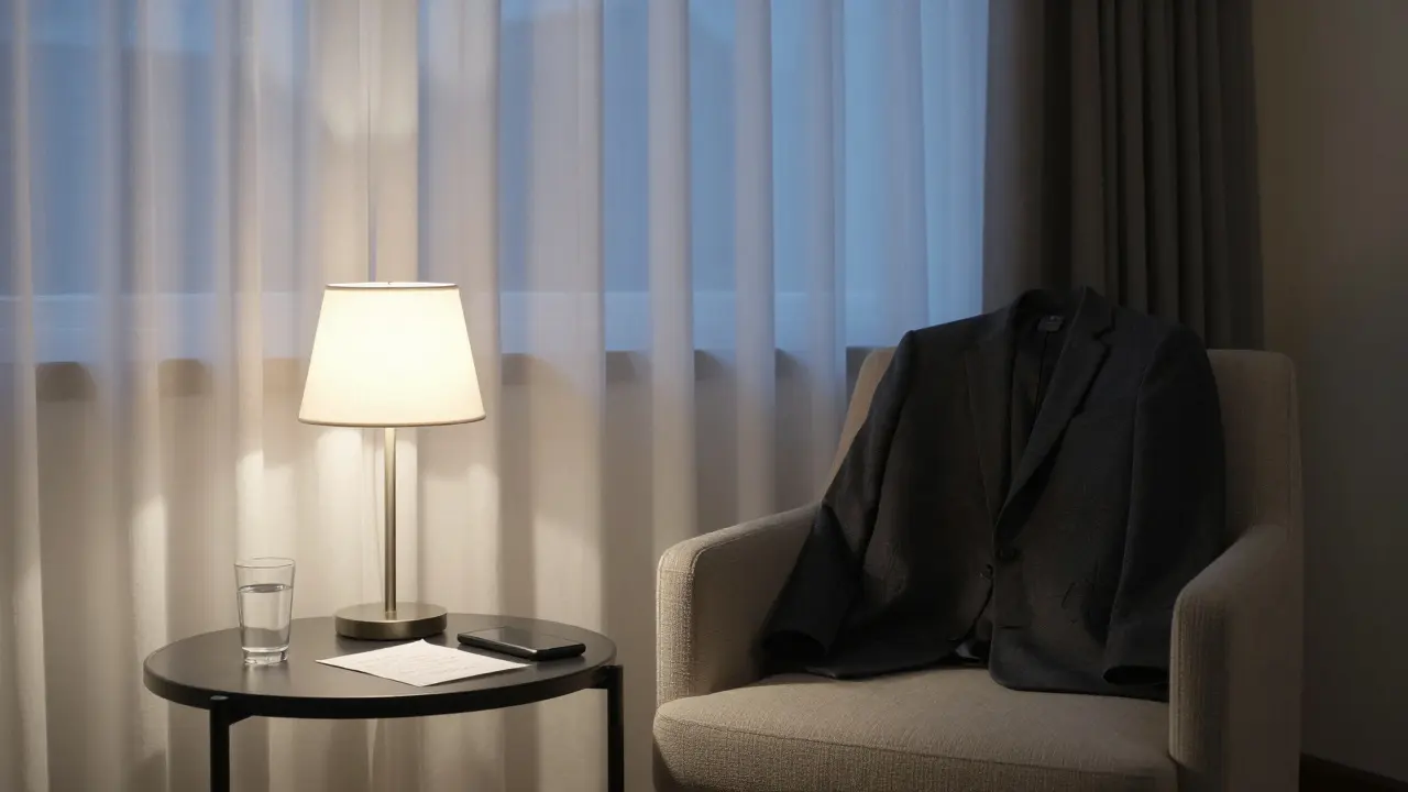 An empty hotel room at night, with a coat, note, and glass on the nightstand — quiet aftermath of connection.