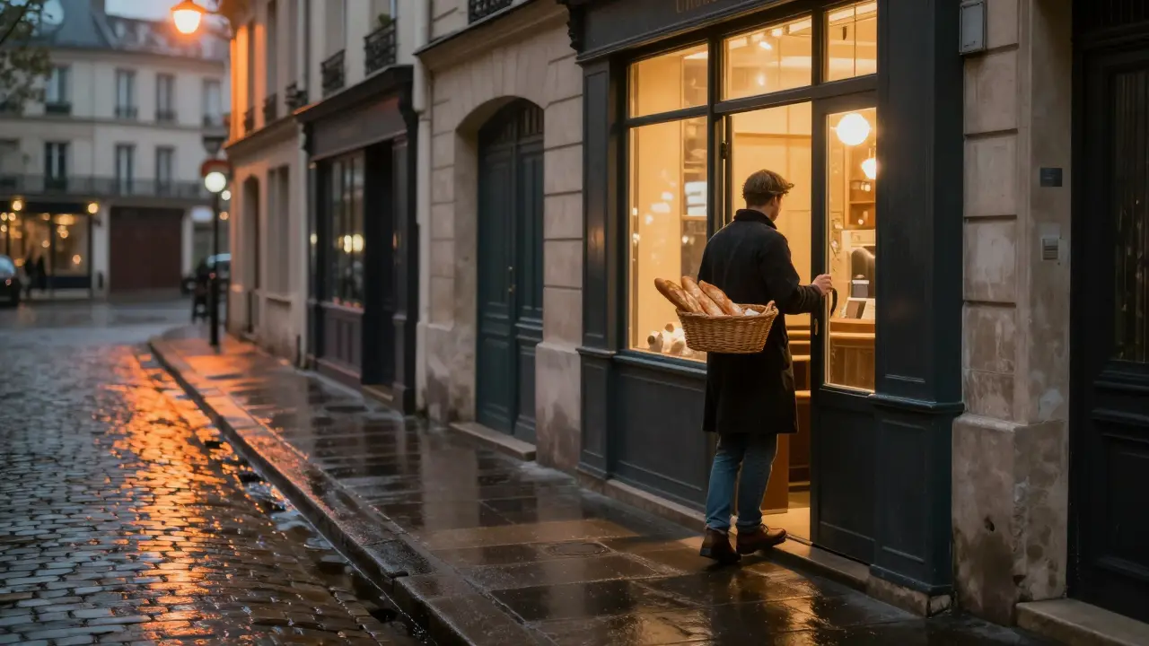 An empty Paris street at dawn, rain reflections, orange streetlights, and a bakery doorway with fresh bread visible.