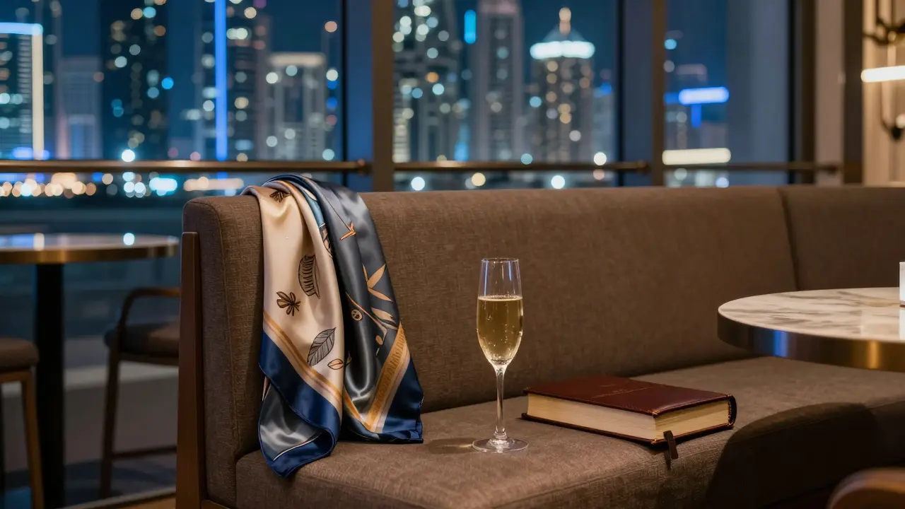 An empty reserved booth in a rooftop lounge with champagne and book, overlooking Dubai's glittering skyline.
