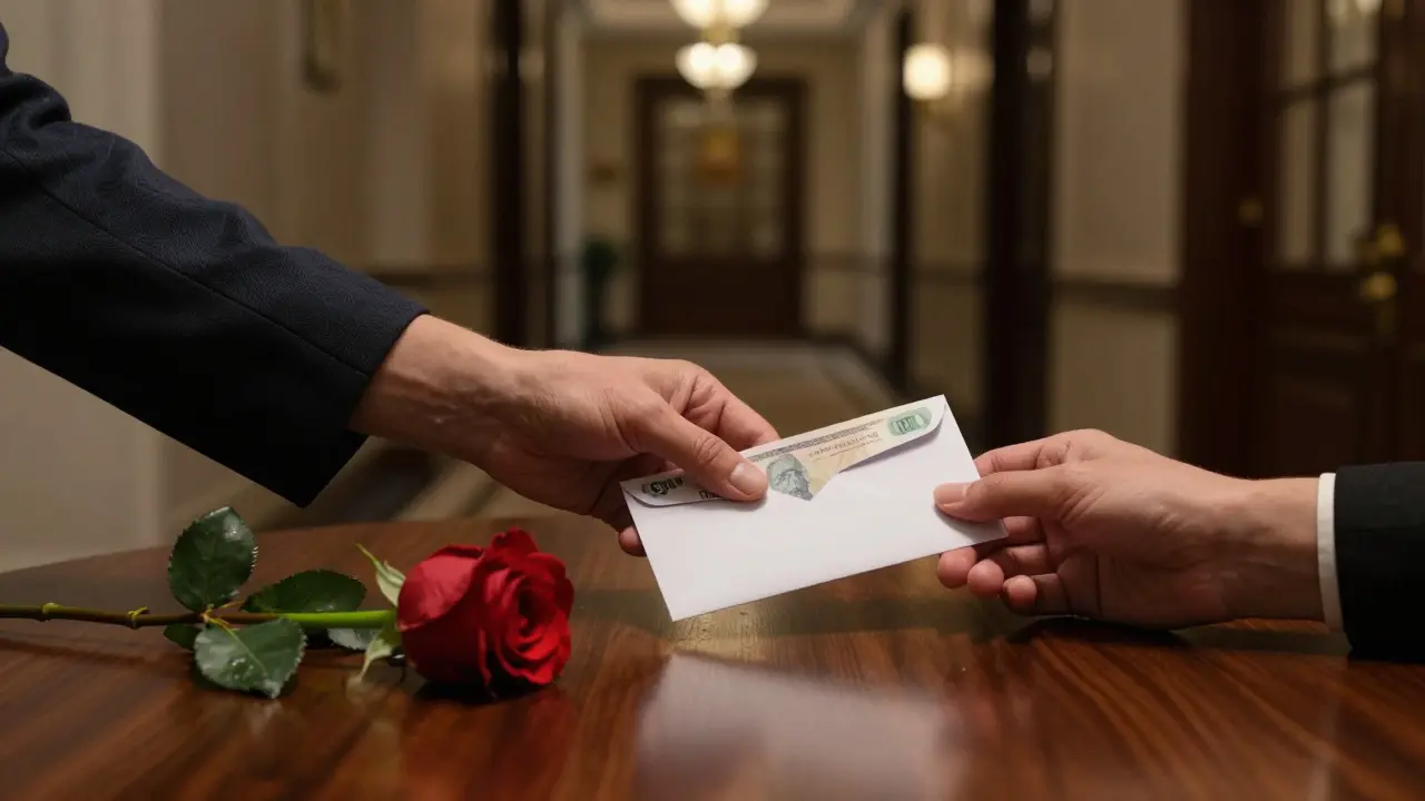 An envelope of cash and a single rose on a wooden table, suggesting a respectful and discreet exchange.