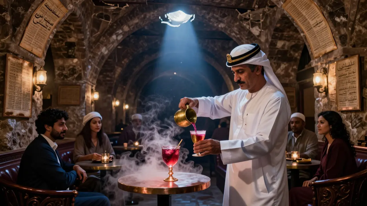 An underground speakeasy beneath a market, lit by moonlight, with vintage manuscripts and a bartender pouring date wine into a brass cup.