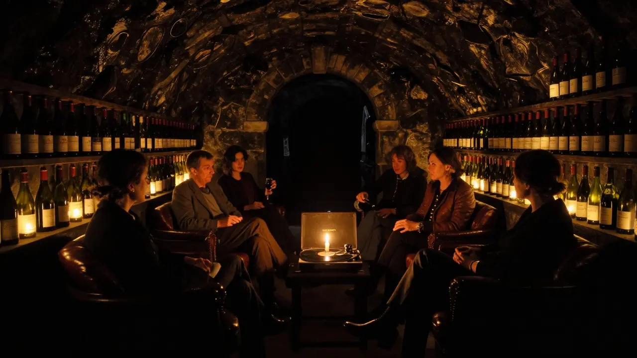 An underground wine cellar beneath the Prince’s Palace, lit by candles, with guests listening to vinyl jazz in quiet conversation.