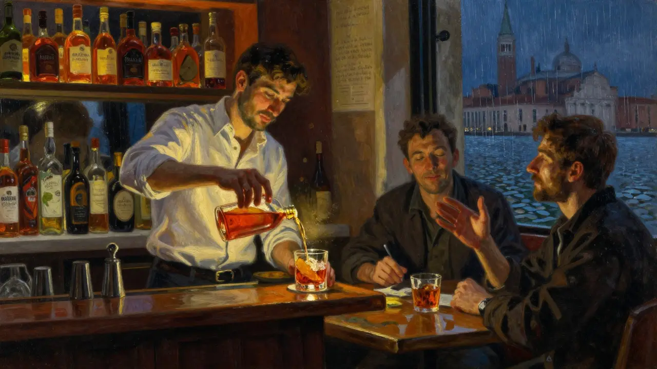 Bar Basso at 2 a.m., bartender pouring a Negroni by candlelight as two locals talk quietly in the dim, intimate interior.