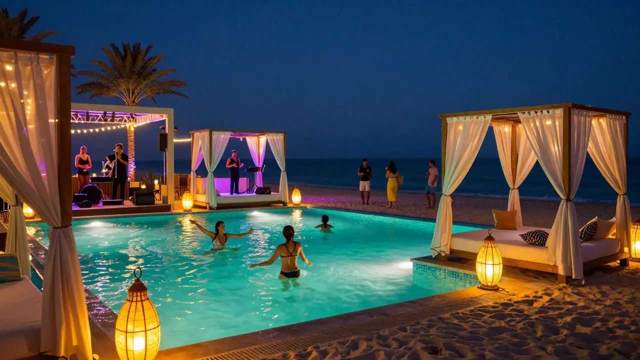 Beach club at JBR at dawn, people swimming in glowing turquoise pool under string lights and starry sky.