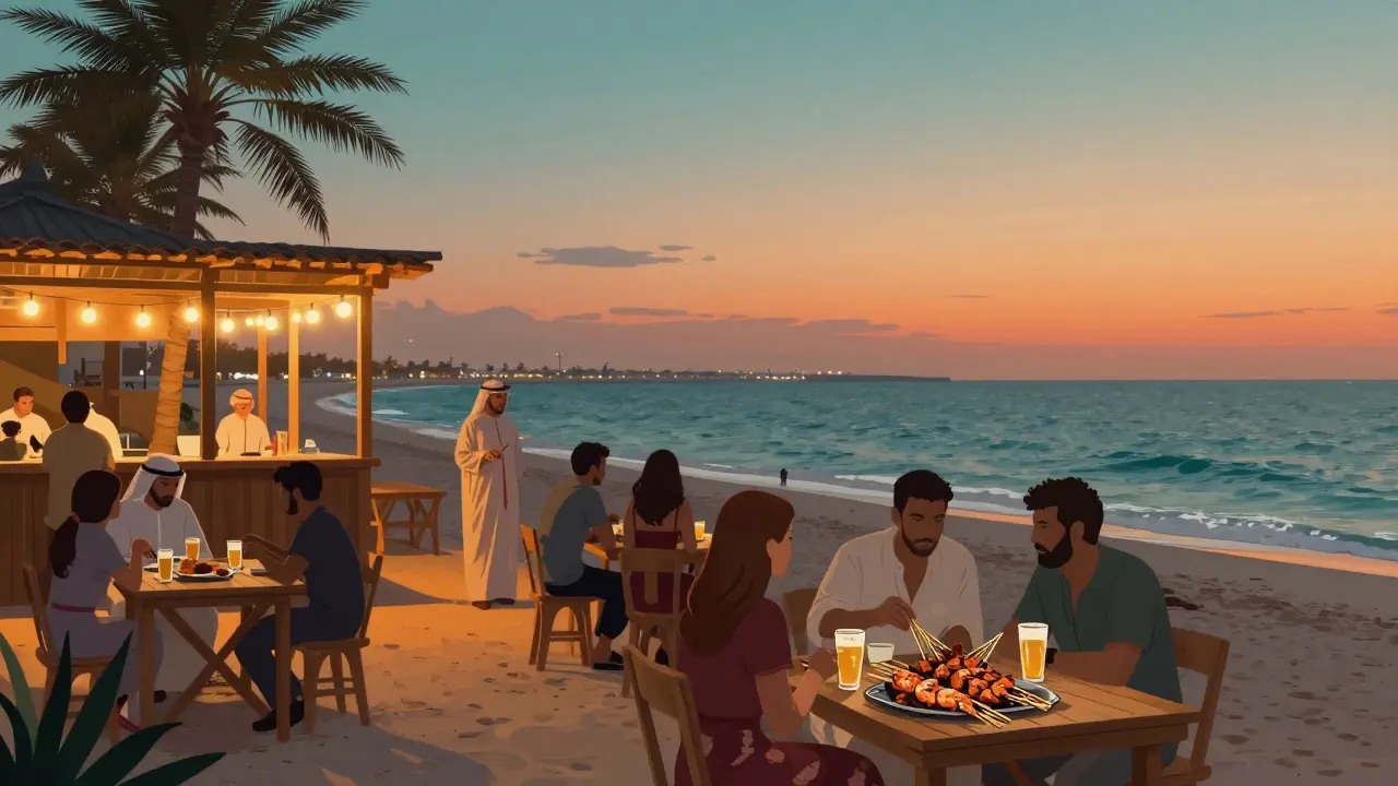 Beachside shack on Abu Dhabi's Corniche with locals sharing food and drinks at string-lit wooden tables.