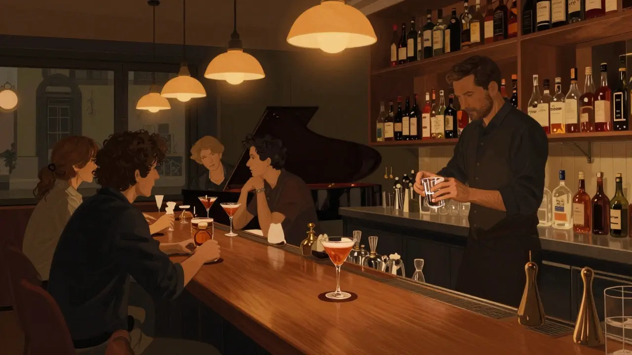 Cozy interior of Bar Basso Brera with patrons chatting over cocktails under soft jazz lighting.