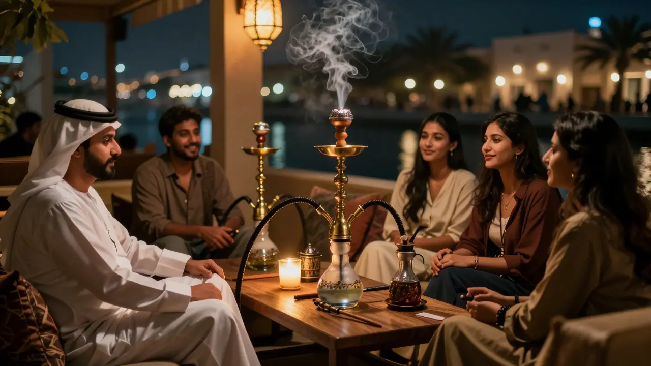 Cozy shisha lounge at 3 a.m. with smoke curling around guests, warm lantern light reflecting on water.