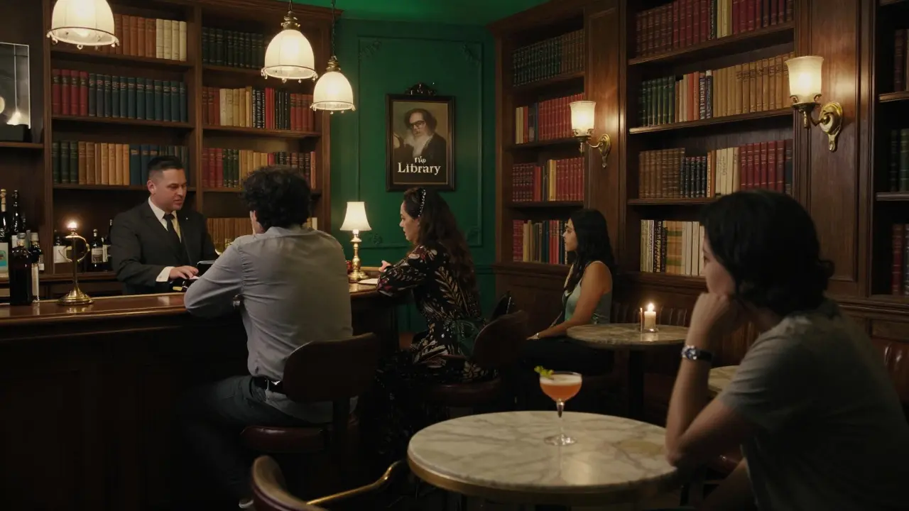 Cozy speakeasy bar with bookshelves and jazz pianist, lit by warm candlelight and vintage lamps.